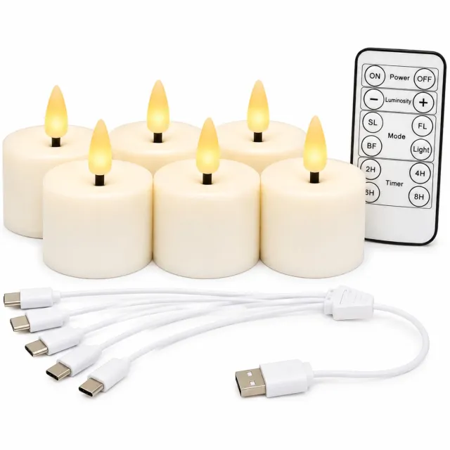 SWGOTA led kaarsen, set van 6 met warm licht en vlamvorm, oplaadbaar via USB-C, met afstandsbediening en laadkabel, zonder voet Wit