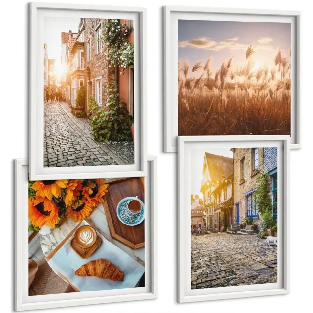 Coloray 4-Delige Schilderij Set - Sfeervolle Straatjes Met Koffie En Zonnebloemen - 40 x 40 En 40 x 60 - Wanddecoratie - Woonkamer Decoratie Witte lijst