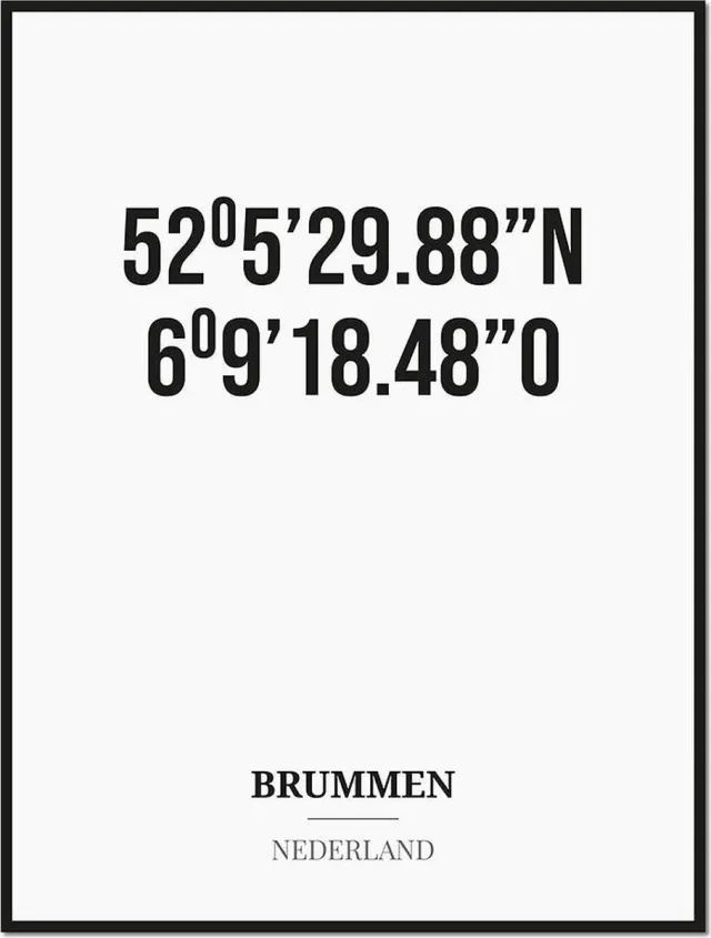 Studio216 Poster/kaart BRUMMEN met coördinaten zwart, wit