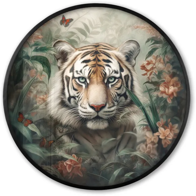 FrameYourWall Poster in lijst Rond - Fotolijst 60x60 cm - Posters - Tijger - Vlinders - Dieren - Jungle - Bloemen - Ronde posterlijst zwart - Decoratie - Wanddecoratie woonkamer - Muurdecoratie slaapkamer Tijger - Bloemen - Natuur