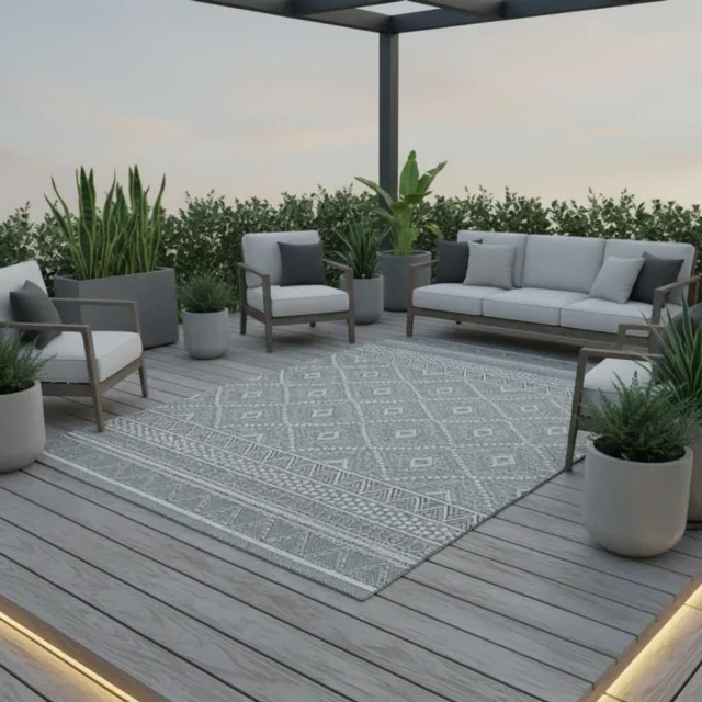 TapisTrend Buiten- en terraskleden Grijs 160x220 cm Binnen-/buitenkleed met grote etnische ruiten en geometrische randen voor terras en woonkamer