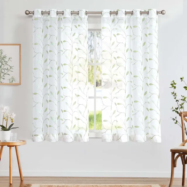 Unyqoos Elegant Transparant Gordijnenset Met Bladerenborduurwerk Voor Woon- En Slaapkamer 140 x 145 cm wit