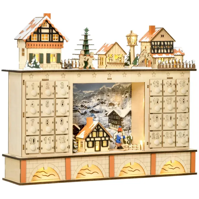 ITRONIQ Adventskalender Kerstdorp met 24 Lades - Houten Kerstkalender met LED Verlichting - Herbruikbaar - 44 x 10 x 37 cm Multicolor