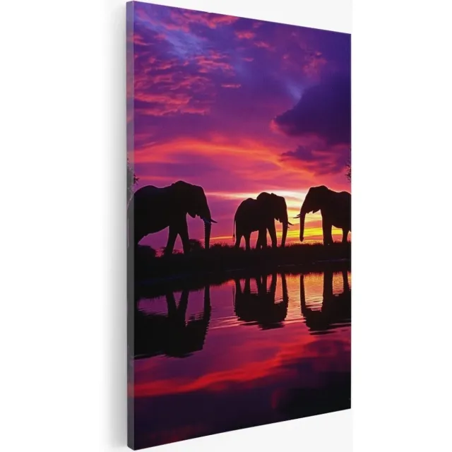 Saammp Canvas Schilderij - Olifanten - Silhouet - Natuur - Dieren - 40x60 - Foto op canvas - Wanddecoratie - Muurdecoratie Woonkamer - Slaapkamer decoratie - Canvas Print Multicolor