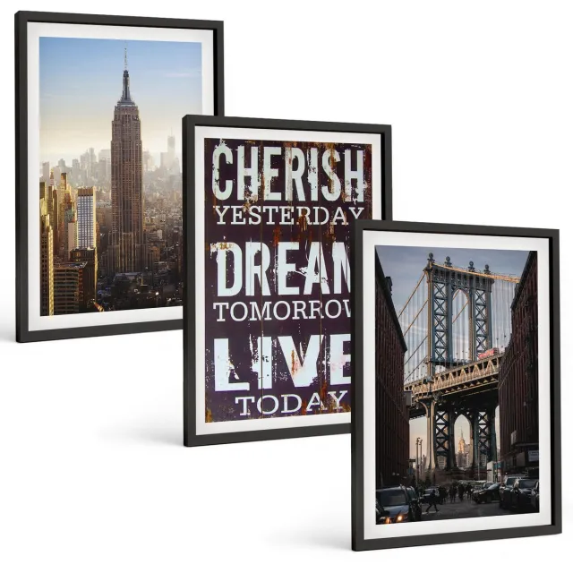 TULUP 4-Delige Schilderij Set - Landschappen van New York City met een inspirerend citaat - 40 x 60 cm - Wanddecoratie - Muurdecoratie - Moderne Interieurdecoratie - Interieur Decoratie Zwarte lijst