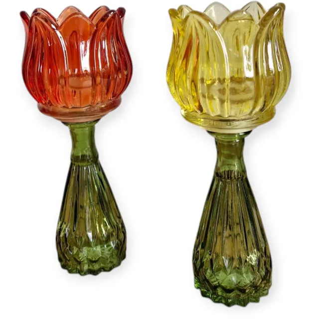 DK design Daan Kromhout - Waxine houders - Kaarsenhouders - Set van 2 - Tulp - Glas - Oranje en Geel - 7x18cm Groen