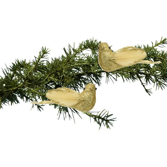 Decoris kerstboomversiering vogels op clip - 2x st - goud - foam - 11 cm Goudkleurig