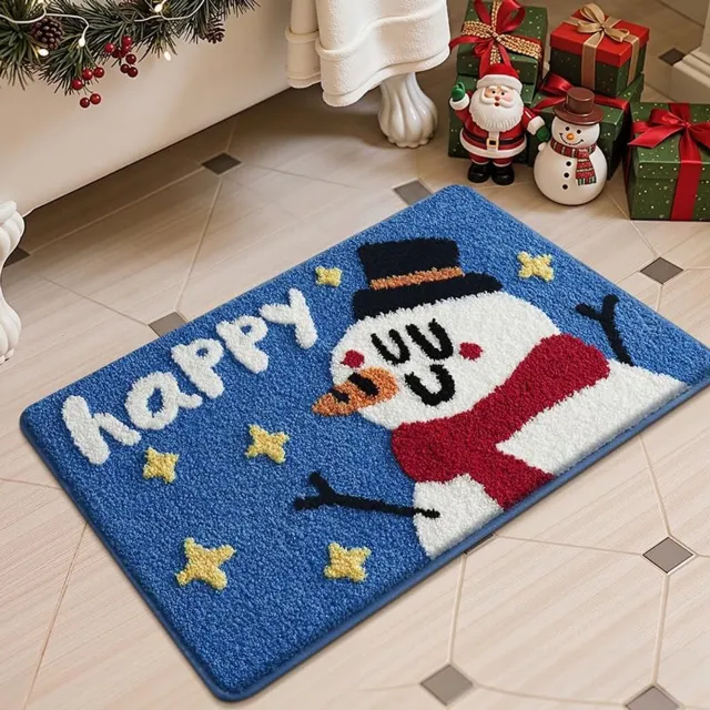 YAGXIG Kerstbadkamertapijt - 32" x 20" inch - Superzacht absorberend microvezelbadkamertapijt - Kerstsneeuwman Badmat - Dikke antislip - Pluche harig badkamertapijt Blauw