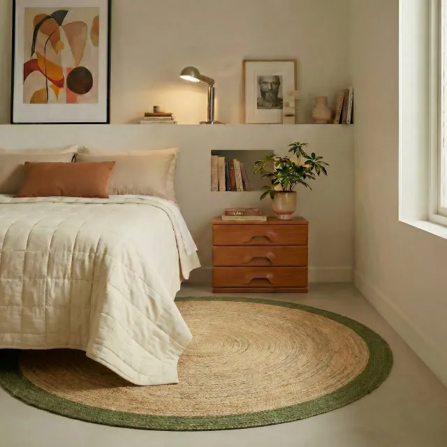 MrCarpet Rond jute vloerkleed naturel/Groen met rand 120cm Mrcarpet