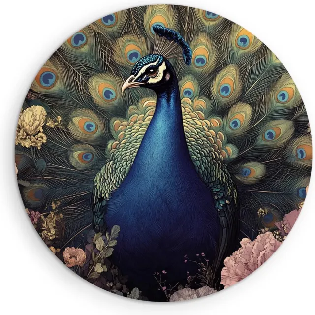 Saammp Forex Muurcirkel - Pauw - Hanen- Bloemen - Dieren - Natuur - Ø 50 - Wandcirkel - Wanddecoratie Cirkel - muurdecoratie Woonkamer - Slaapkamer decoratie - Rond Schilderij