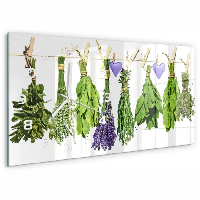 TULUP Wandklok - Kruiden aan een touwtje Klok Glas Met Opdruk - 60x30 cm - Groente Moderne Wandklok Glas - Witte handen - Rechthoekige Klok - Decoratieve Glazen Klok - Glazen Wandklok Design