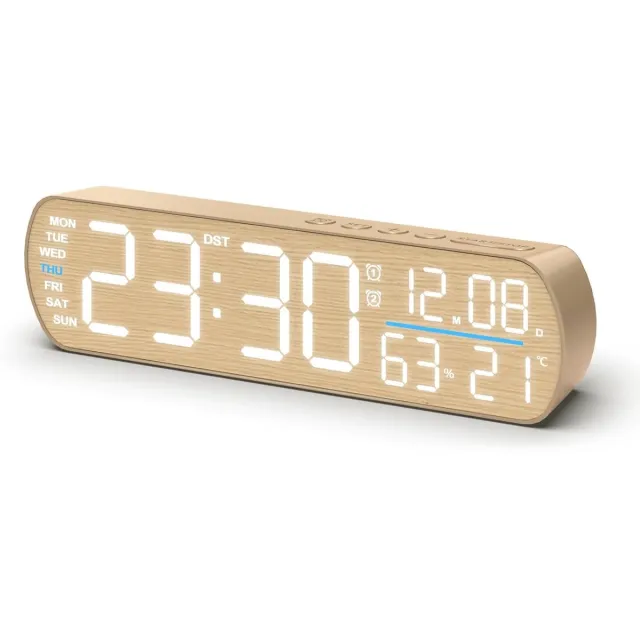 Bobypet Digitale wekker - Nachtkastje wekker met houtlook - Temperatuur en vochtigheidsweergave - 2 alarmtijden,zomertijdinstelling -3 helderheidsniveaus - voor kantoor, klaslokaal, sportschool en thuis Houtkleur