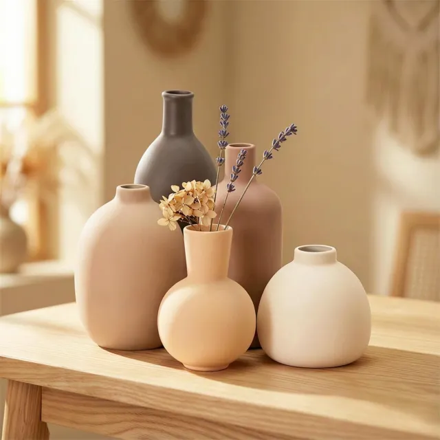 Famanu Set van 5 decoratieve keramische vazen, kleine vaas voor tafeldecoratie, moderne decoratie voor droogbloemen en boeketten in Morandi-kleuren, voegt stijl toe aan elke ruimte wit