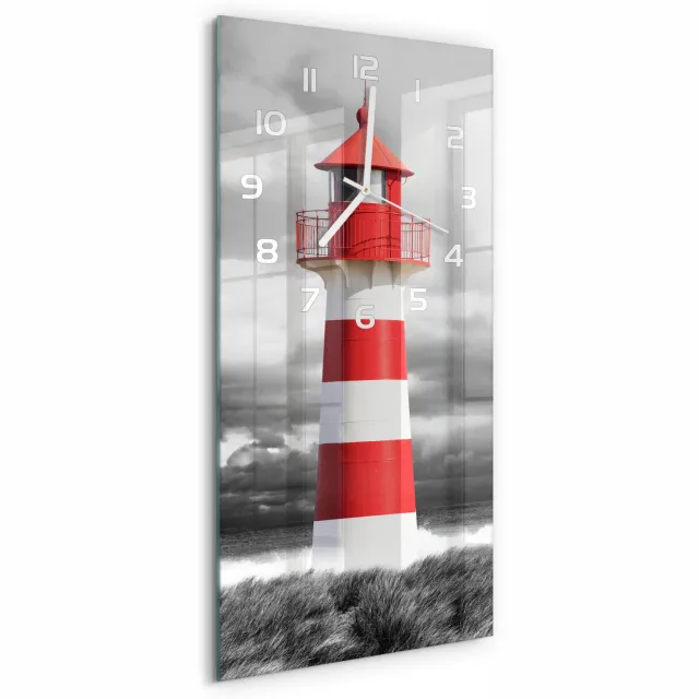 TULUP Wandklok - Vuurtoren Glazen Klok Met Print - 30x60 cm - Rood Wandklok Glas Met Motief - Witte handen - Rechthoekige Klok - Wandklok Glas Decoratie - Gekleurde Glazen Klok