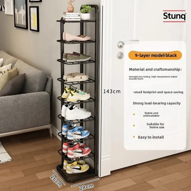 Stunq Schoenenrek 9 Lagen - Smal Smeedijzeren Schoenenrek Zwart - 143 cm Hoog - Stofdicht en Ruimtebesparend