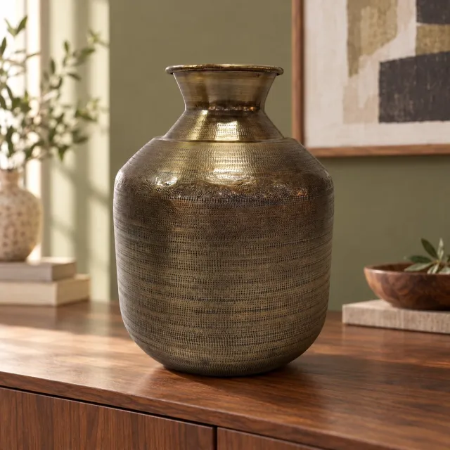 Hoppa! Vaas - Met hamerslag en brede buik - Brons - 33 x 33 x 43 cm (B x D x H)