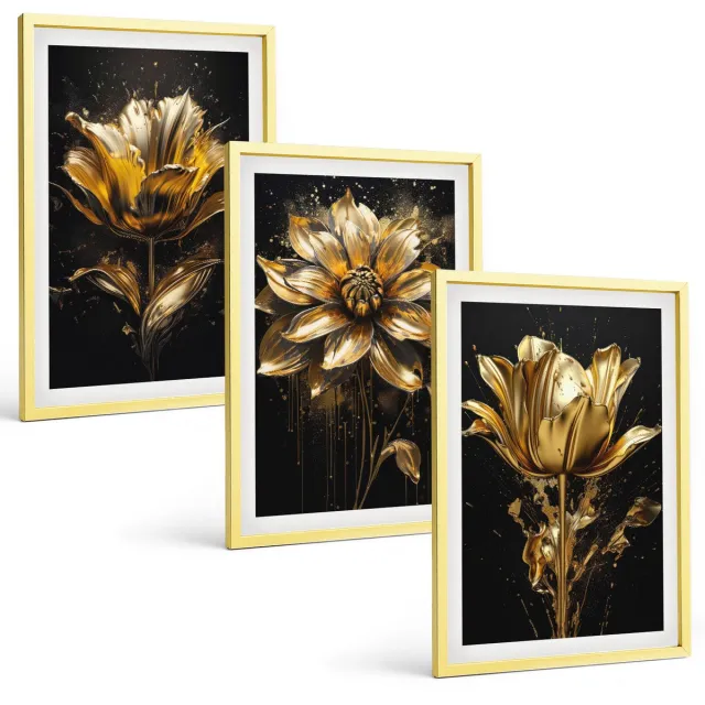 TULUP 4-Delige Schilderij Set - Bloemen in verschillende tinten geel op een donkere achtergrond - 40 x 60 cm - Wanddecoratie - Muurdecoratie - Moderne Interieurdecoratie - Woonkamer Decoratie Gouden lijst