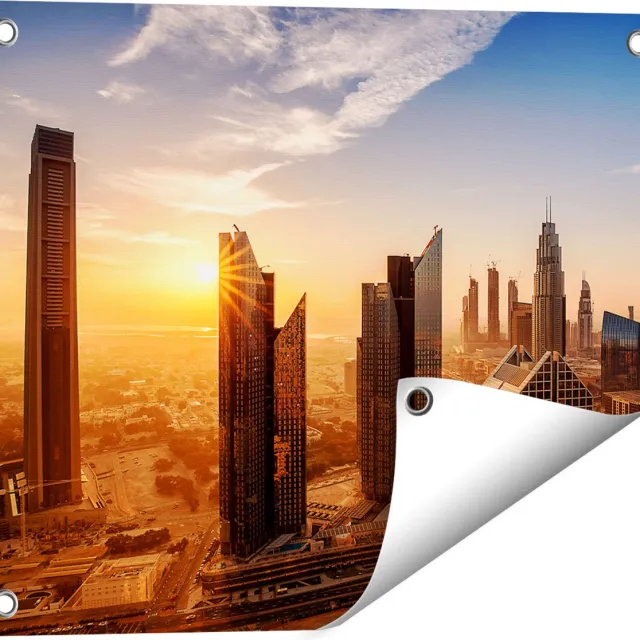 Gards Tuinposter Dubai Stad bij Zonsopgang - 50x40 cm - Tuindoek - Tuindecoratie - Wanddecoratie buiten - Tuinschilderij Multikleur