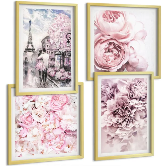 TULUP 4-Delige Schilderij Set - Bloemen in verschillende tinten roze, romantisch landschap - 40 x 40 cm en 40 x 60 cm - Stijlvolle Wanddecoratie - Interieur Gouden lijst