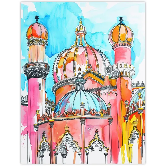Unyqoos Grote kleurrijke waterverf poster van het Koninklijk Paviljoen in Brighton meerkleurig