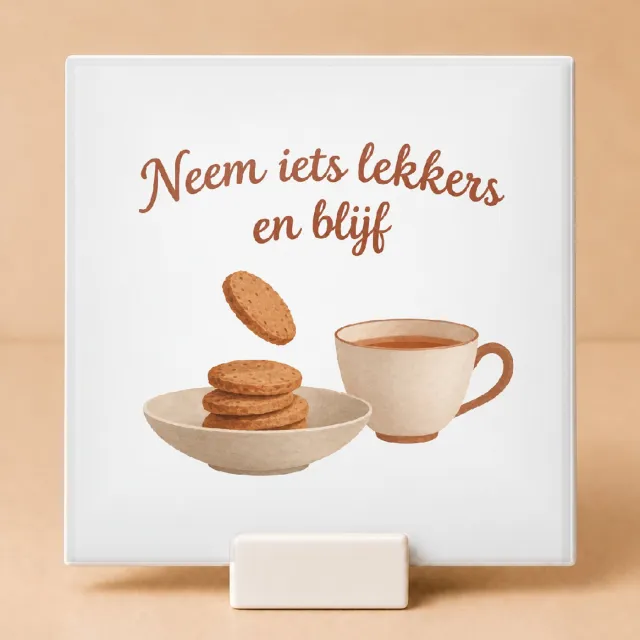 Bedruk King Sfeervolle Decembermodus Tegel – Rustieke Wanddecoratie met Gouache Stijl voor Gezellige Interieurs - 11 x 11 cm met houder Wit