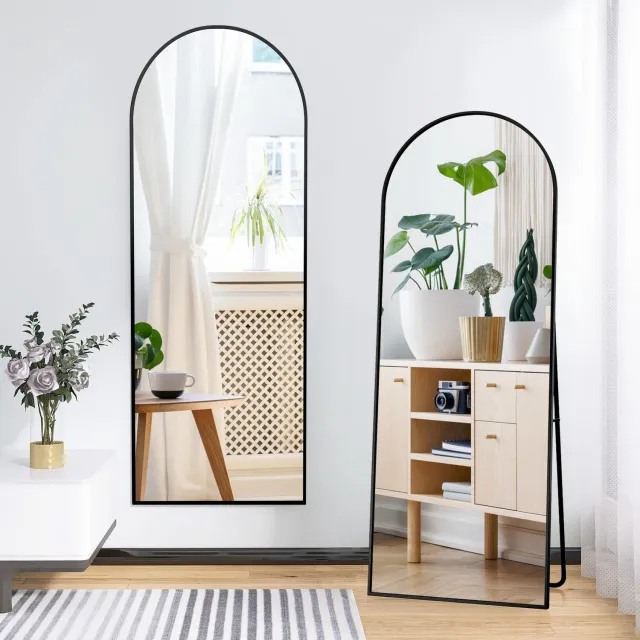 Famanu Vrijstaande full-body spiegel, 162 x 53 cm, wandspiegel met gebogen ontwerp, zwart aluminium frame, grote kleedspiegel voor slaapkamer en woonkamer