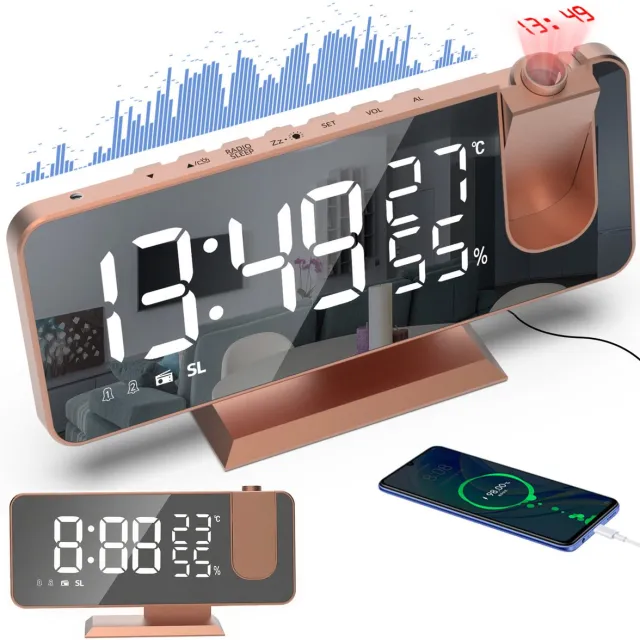 OKWISH Projectieklokken – LED Projectie Wekker Met Instelbare Helderheid, Temperatuurweergave En Schlaftimer – ABS – Roségoud