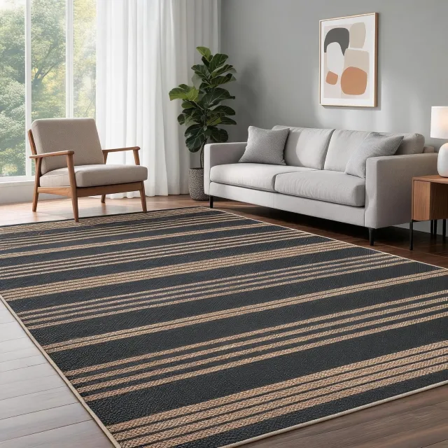 Danky Modern Vloerkleed Linnen Look 120x170 cm Zwartbruin - Opvouwbaar Kleed met Antislip Onderkant