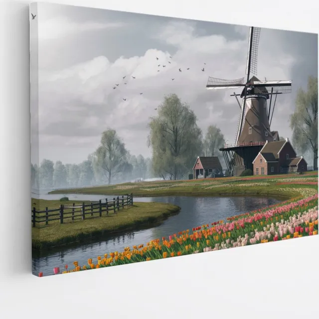 Saammp Canvas Schilderij - Tulpen met molen - Natuur - Landschap - 70x50 - Foto op canvas - Wanddecoratie - Muurdecoratie Woonkamer - Slaapkamer decoratie - Canvas Print Multicolor