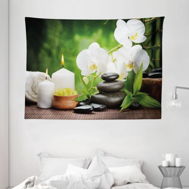 ABAKUHAUS Spa Wandtapijt en Sprei, Stenen en Orchideeën, 150 x 110 cm, Groen en Zwart Wit, groen en zwart