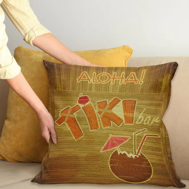 ABAKUHAUS Tiki Bar Kussenhoes, Hout Plank Aloha, Dubbelzijdige Digitale Print met Ritssluiting, Kleurecht, Onderhoudsvriendelijk en Wasbaar, 40 x 40 cm, Bruin Oranje Roze