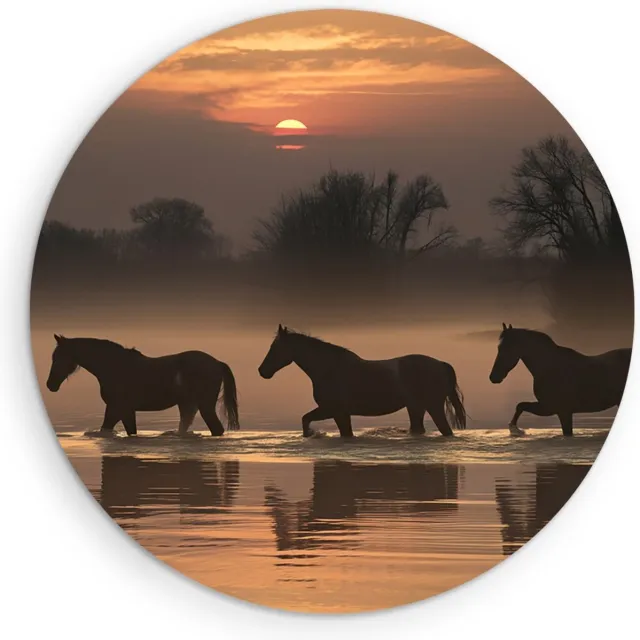 Saammp Forex Muurcirkel - Paarden in het water met zonsondergang - Natuur - Dieren - Ø 30 - Wandcirkel - Wanddecoratie Cirkel - Muurdecoratie Woonkamer - Slaapkamer decoratie - Rond Schilderij