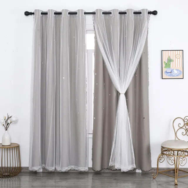 Qelus Grijs Verduisterende Gordijnen Kant en Klaar met Ringen - Dubbellaags Gordijn met Sterren, Tulle Laag en Kantrand - 130x160 cm - Incl. Gratis Boog en Lint - Voor Woonkamer en Slaapkamer