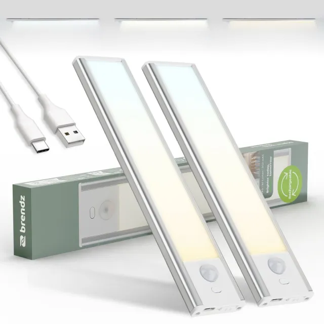 Brendz LED Kastverlichting met bewegingssensor, 2 x 20 cm, USB-C Oplaadbaar, Dimbaar, Magnetisch, 3 Kleurtemperaturen, Draadloos, Kastverlichting op Batterij, Zilver Zilver - 20 cm