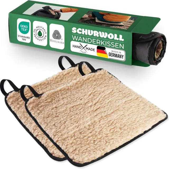 Novaliv 2-delige set outdoor zitkussens, 38 x 38 cm, lichtbruin, wandelkussens gemaakt van zuivere wol, waterafstotende PA-achterkant, thermisch isolerend, ademend, lichtgewicht, rugzakvriendelijk - voor kamperen, trektochten en picknicks.
