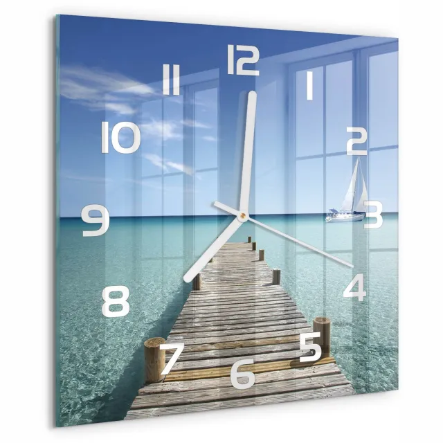 TULUP Wandklok - Houten brug Wandklok Glas Met Motief - 30x30 cm - Blauw Decoratieve Glazen Klok - Witte handen - Vierkante Klok - Gekleurde Glazen Klok - Glazen Klok Met Print