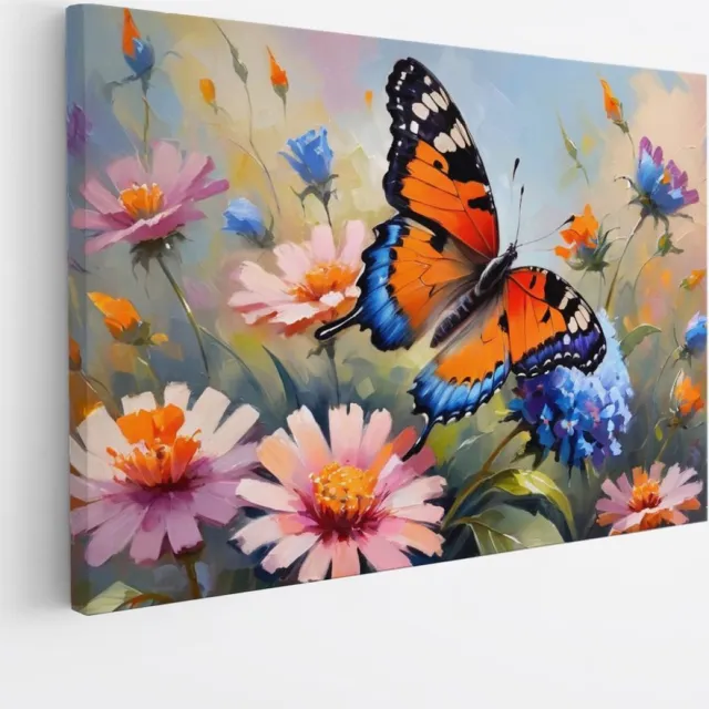 Saammp Canvas Schilderij -Vlinder bij roze bloem - Dieren - Abstract - 90x60 - Foto op canvas - Wanddecoratie - muurdecoratie Woonkamer - Slaapkamer decoratie - Canvas Print Multicolor