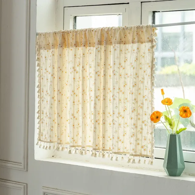 PZCC Gordijn - Kleine raamgordijnen - Boho Gordijn - Keukengordijn - Daisy Bloemengordijn - Katoenen Raamgordijn - Keuken Woonkamer Slaapkamer - 140 x 140 cm - Katoen - Beige