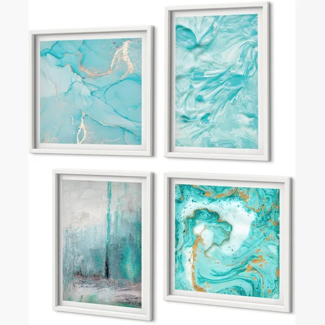 Coloray 4-Delige Schilderij Set - Verschillende Blauwtinten In Delicate Abstracte Patronen - 40 x 40 En 40 x 60 - Moderne Wanddecoratie - Woonkamer - Muurdecoratie Witte lijst