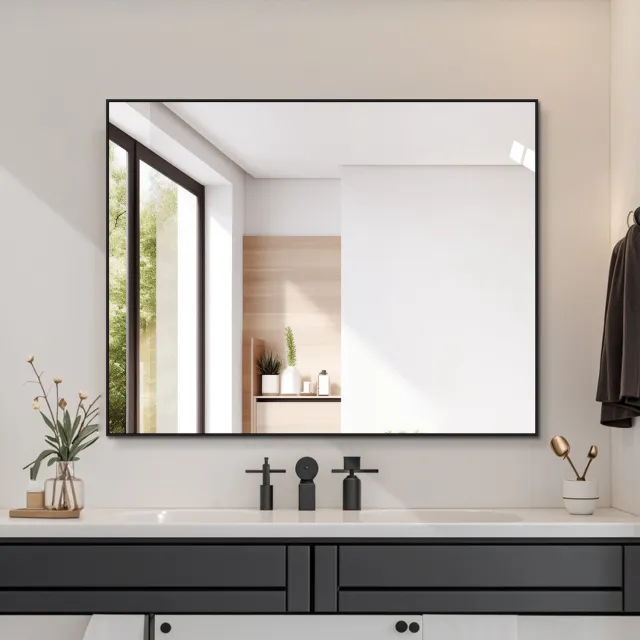 WUVRIE Badkamerspiegel 90x70 cm - Zwart aluminium frame, horizontaal of verticaal - Zwart