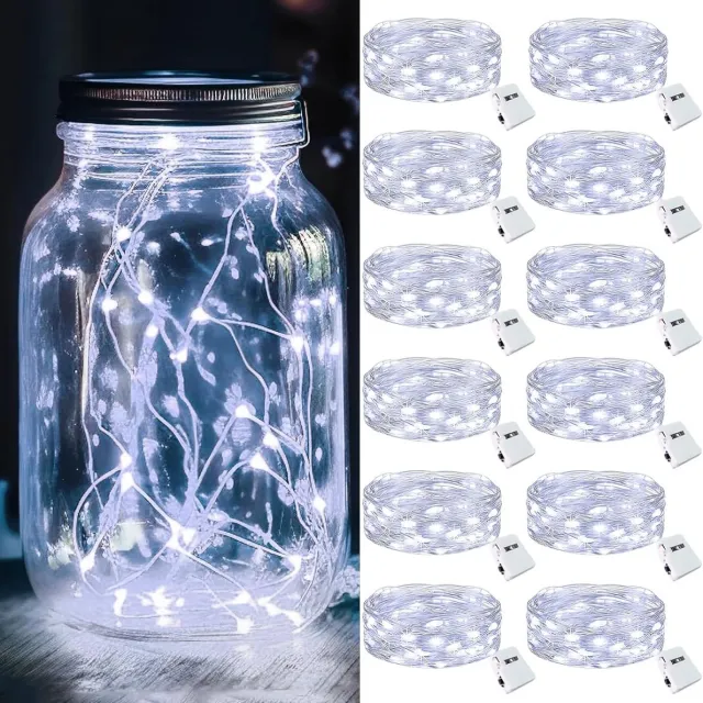 Huttutu Halloween decoratie - Kerstversiering - LED Lichtsnoer - 2m met 20 LED's - Batterijgevoed - Waterdicht - 3 Standen - Voor Mason Jars en Feestjes - 12 stuks - Wit
