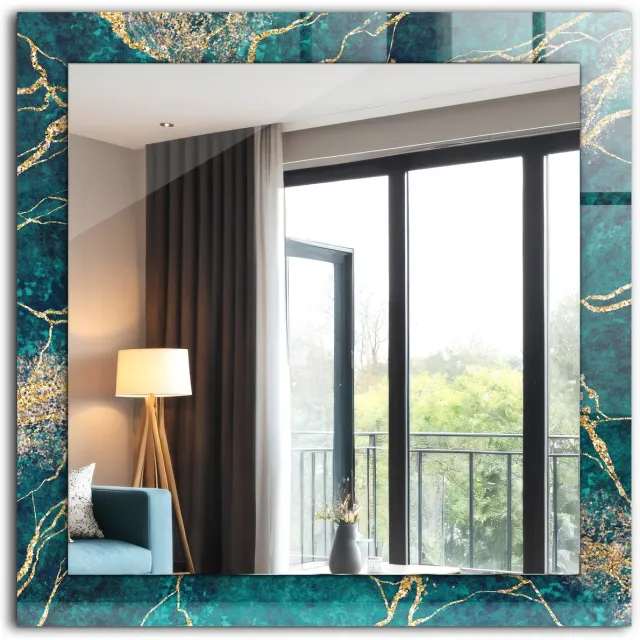 TULUP Spiegel - Vierkante vorm Spiegel - op gehard Glas - Groen marmer - 60 x 60 cm - Spiegel met een sierlijk motief - Woonkamerspiegel - Inloopkastspiegel - Hal - Make-up Spiegel - Wanddecoratie Spiegel - Montageset