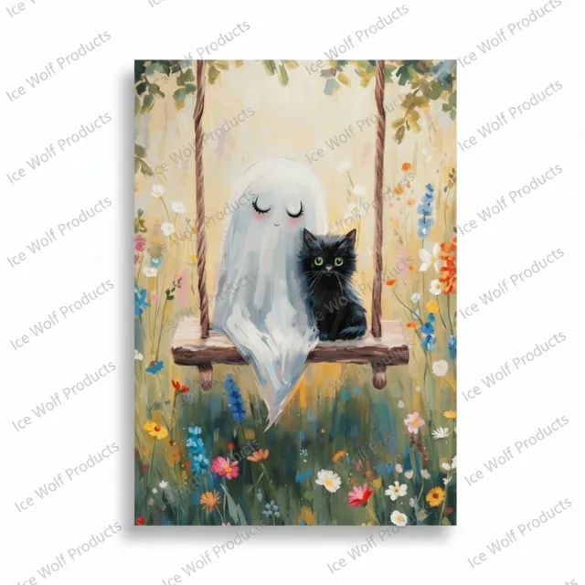 OroWolf Cat & Ghost – Flower Swing Art – 21×30 cm - Mystieke kattenposter Blauw