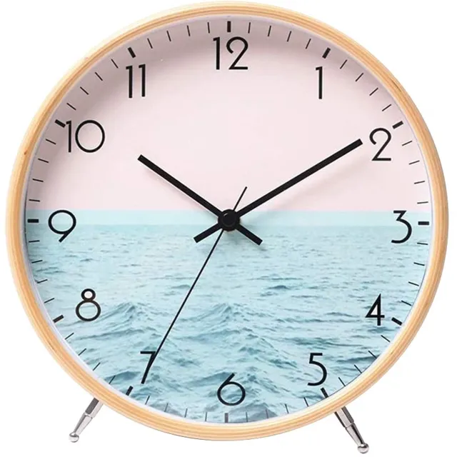 ALEENFOON 8,6 inch houten klok, moderne stille wandklok, tafelklok voor woonkamer, keuken, geen tikkend geluid, binnenklok, niet-tikkende wandklok, hangklok (zee)