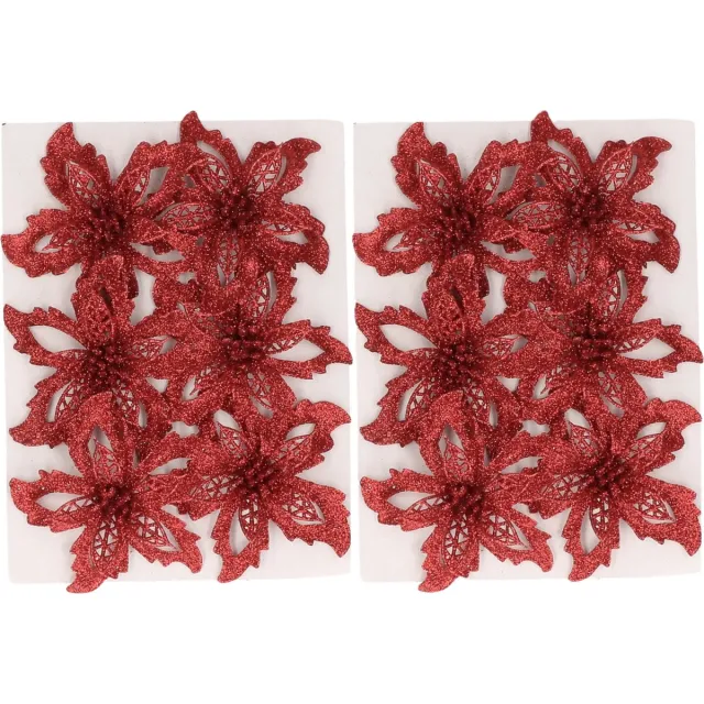 Cosy&Trendy Cosy & Trendy Kerstboom bloemen op clip - 12x st - rood -glitter - 8 cm - polyester - roos