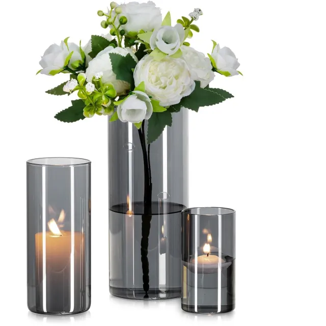 Imperatoris Cilindervormige Glazen Vazen / Glazen Flessen – Mini Decoratieve Vaas Flesjes – Helder Glas – Inclusief Strik – 3 Stuks – 10 + 15 + 20 cm – Zwart (Transparant)
