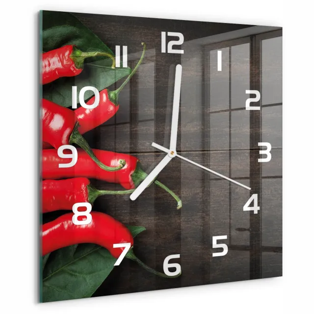 TULUP Wandklok - Chilipepers Wandklok Glas Decoratie - 30x30 cm - Rood Gekleurde Glazen Klok - Witte handen - Vierkante Klok - Klok Glas Met Opdruk - Moderne Wandklok Glas