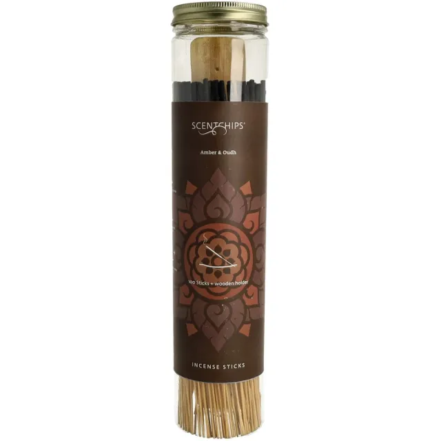 Scentchips Wierookstokjes Amber & Oudh – 100 Sticks met Wierookhouder – Amber & Oud Bruin