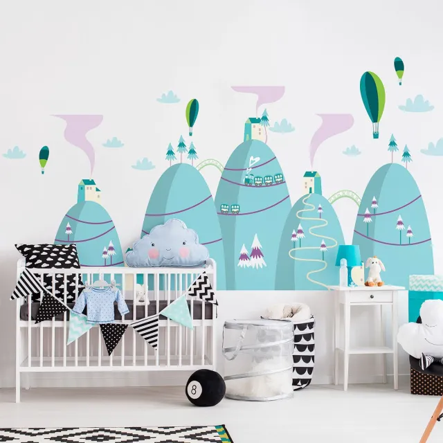 Ambiance Sticker Scandinavische bergstickers met heteluchtballonoplating, 120 x 180 cm Multi color