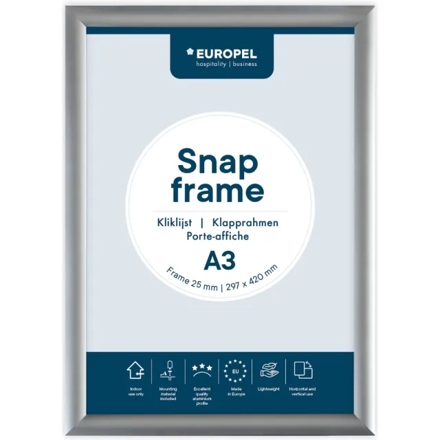 Europel Kliklijst – Posterlijst – A3 – 29,7 x 42 cm – 25mm – Aluminium – Zilver